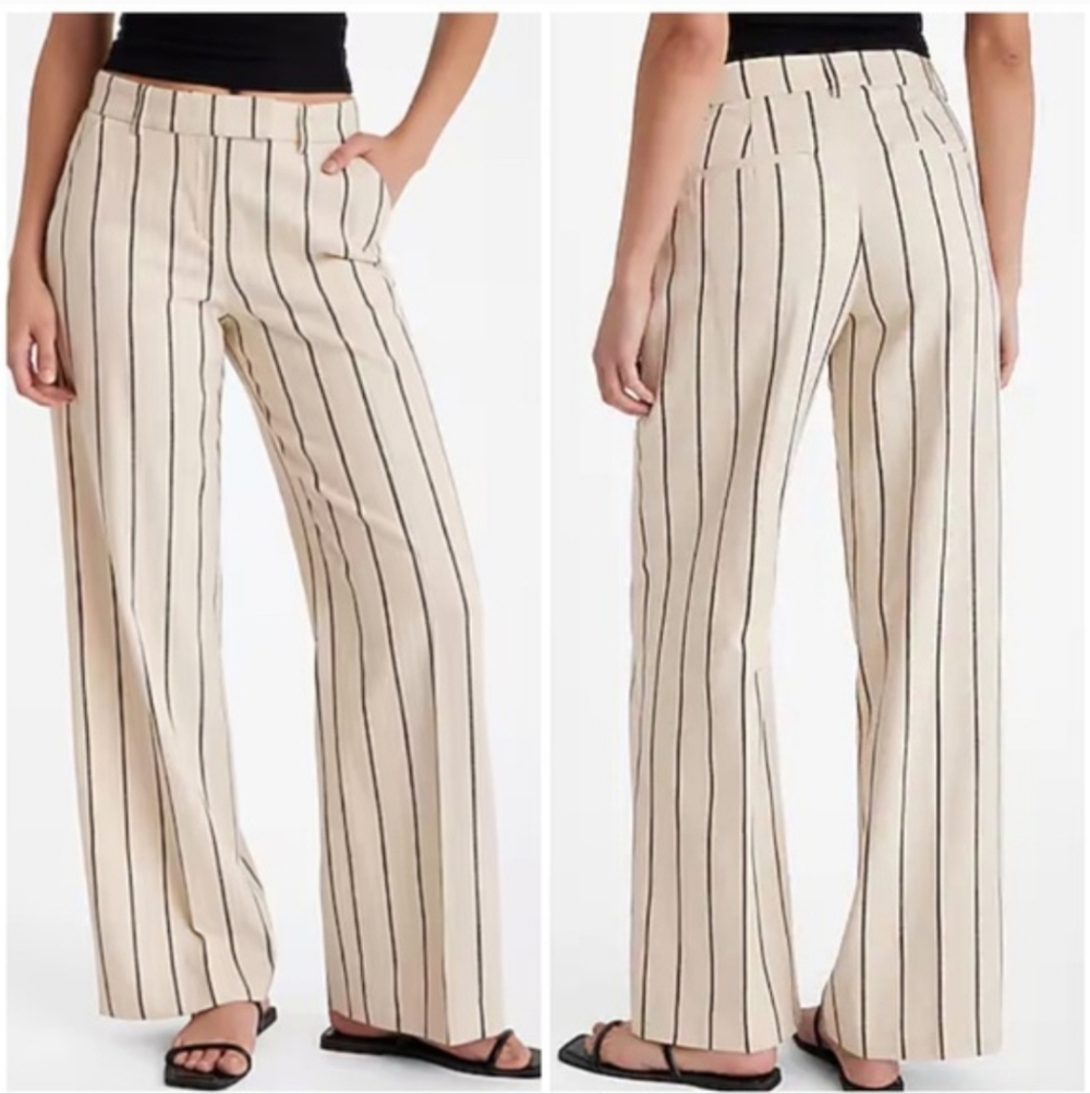 Express Editor Mid Rise Striped Trouser Pant Cream Black Cotton Size 0